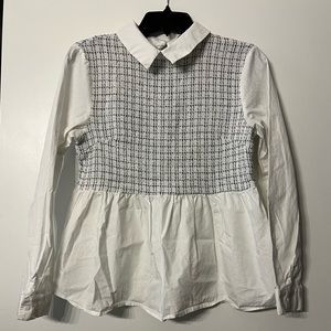 Shein Size Medium Plaid Panel Peplum Blouse with Button Keyhole in White